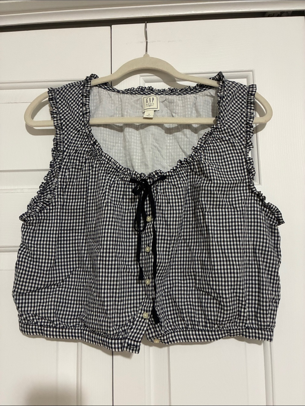GAP x Doen Black and White Gingham Ruffle Tie-Front Crop Top